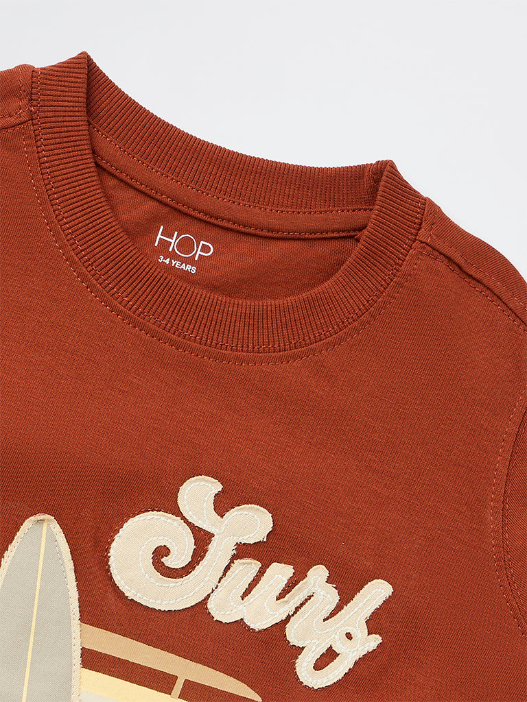 HOP Kids Boys Brown Printed Cotton T-Shirt