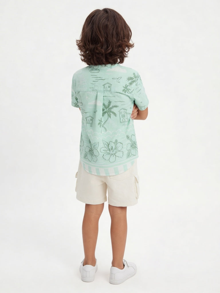 HOP Kids Boys Sea Green Printed Cotton Shirt
