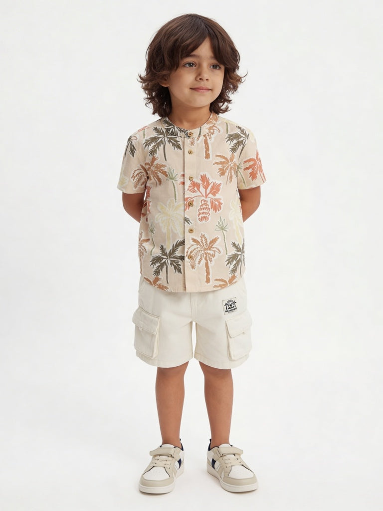 HOP Kids Boys Beige Tropical-Inspired Cotton Shirt