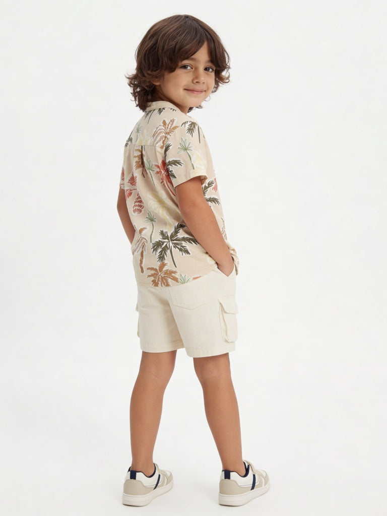 HOP Kids Boys Beige Tropical-Inspired Cotton Shirt