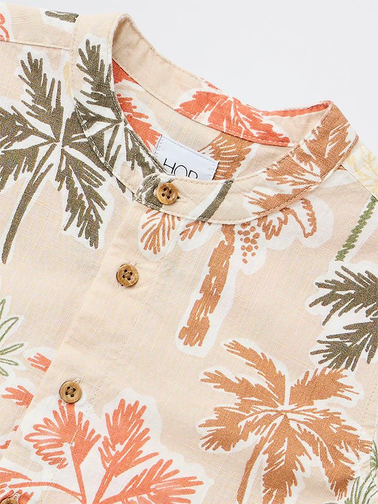 HOP Kids Boys Beige Tropical-Inspired Cotton Shirt