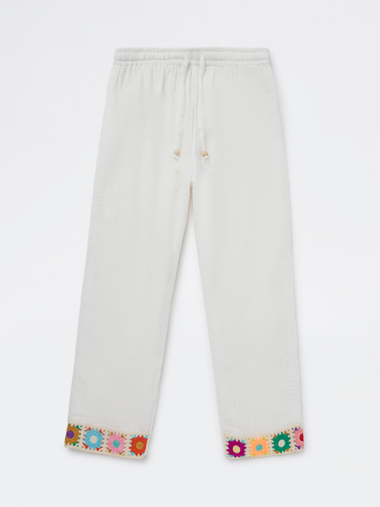 HOP Kids Girls White Embroidered High-Rise Cotton Trousers