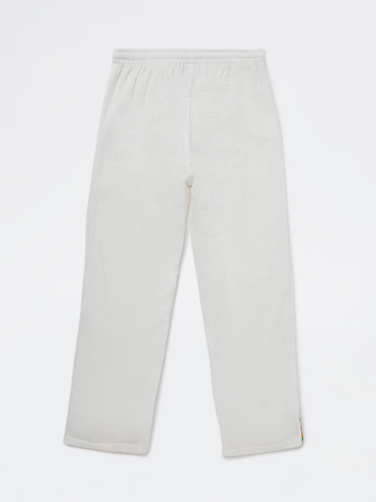 HOP Kids Girls White Embroidered High-Rise Cotton Trousers