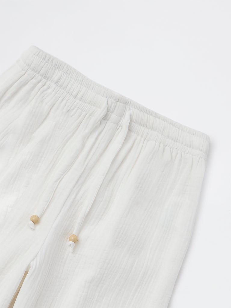 HOP Kids Girls White Embroidered High-Rise Cotton Trousers