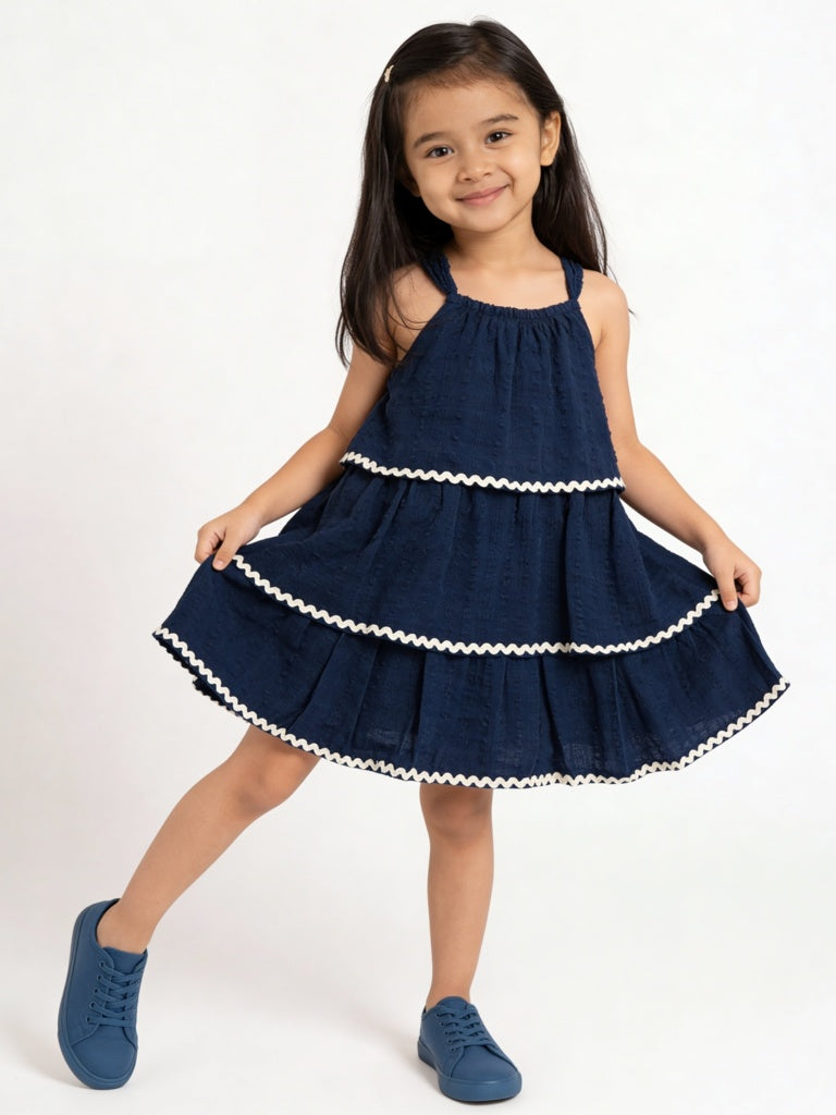 HOP Kids Girls Navy Seersucker-Textured Cotton Tiered Dress