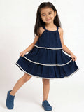 HOP Kids Girls Navy Seersucker-Textured Cotton Tiered Dress