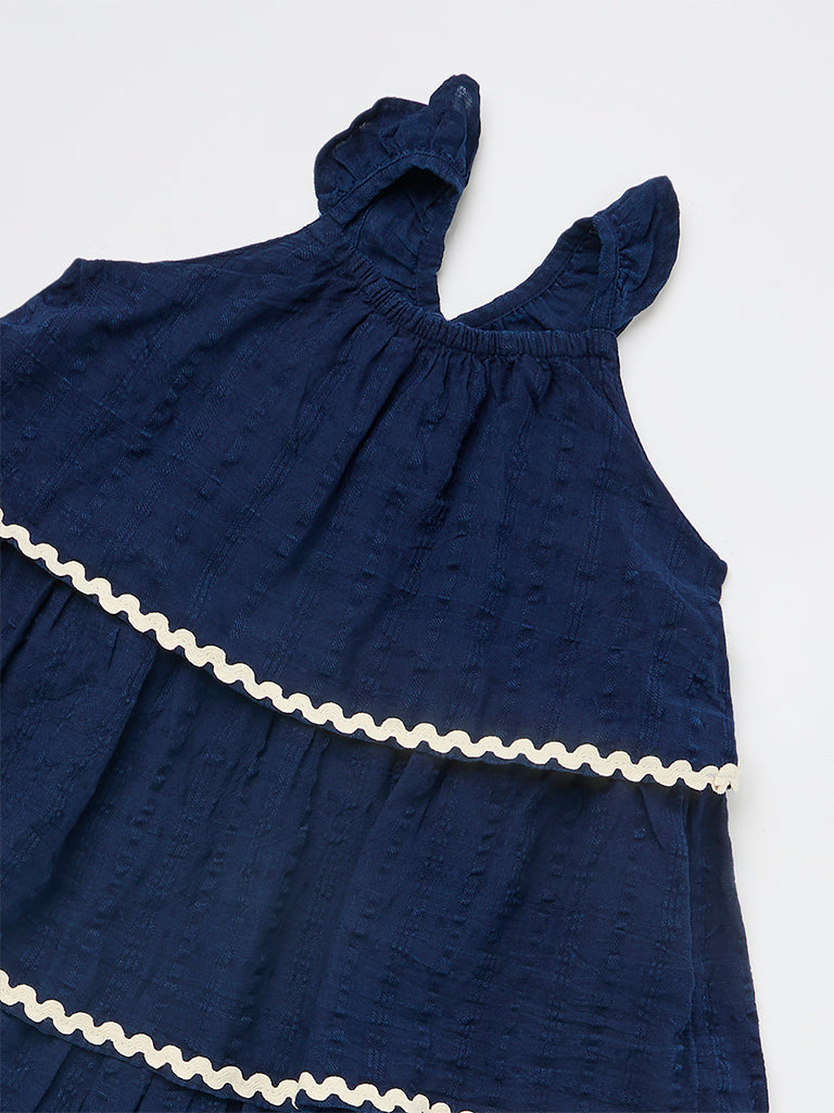 HOP Kids Girls Navy Seersucker-Textured Cotton Tiered Dress