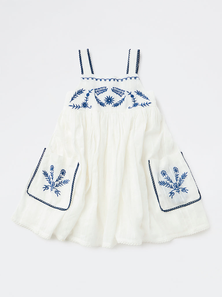 HOP Kids Girls White Embroidered A-Line Cotton-Blend Dress