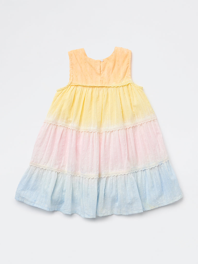 HOP Kids Girls Multicolour Swiss-Embroidered Cotton Tiered Dress
