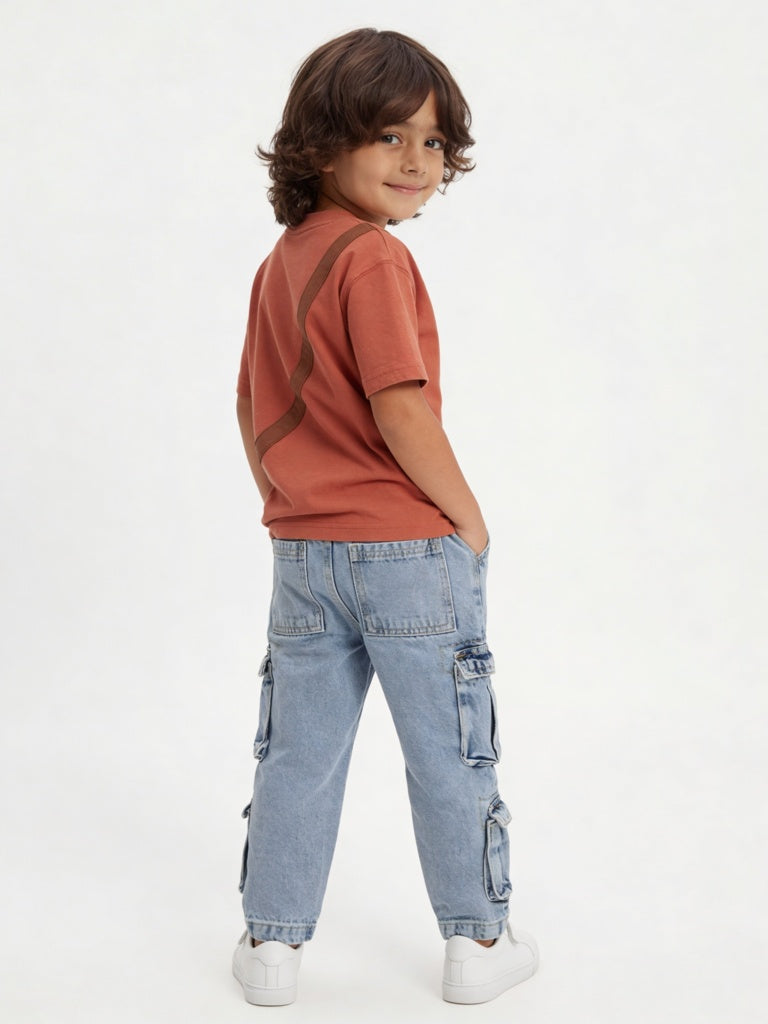 HOP Kids Boys Dusty Orange Printed Cotton T-Shirt