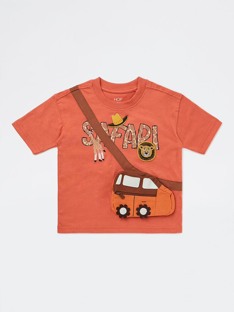 HOP Kids Boys Dusty Orange Printed Cotton T-Shirt
