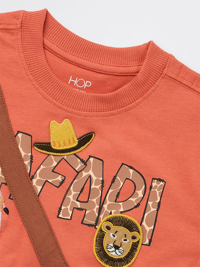 HOP Kids Boys Dusty Orange Printed Cotton T-Shirt