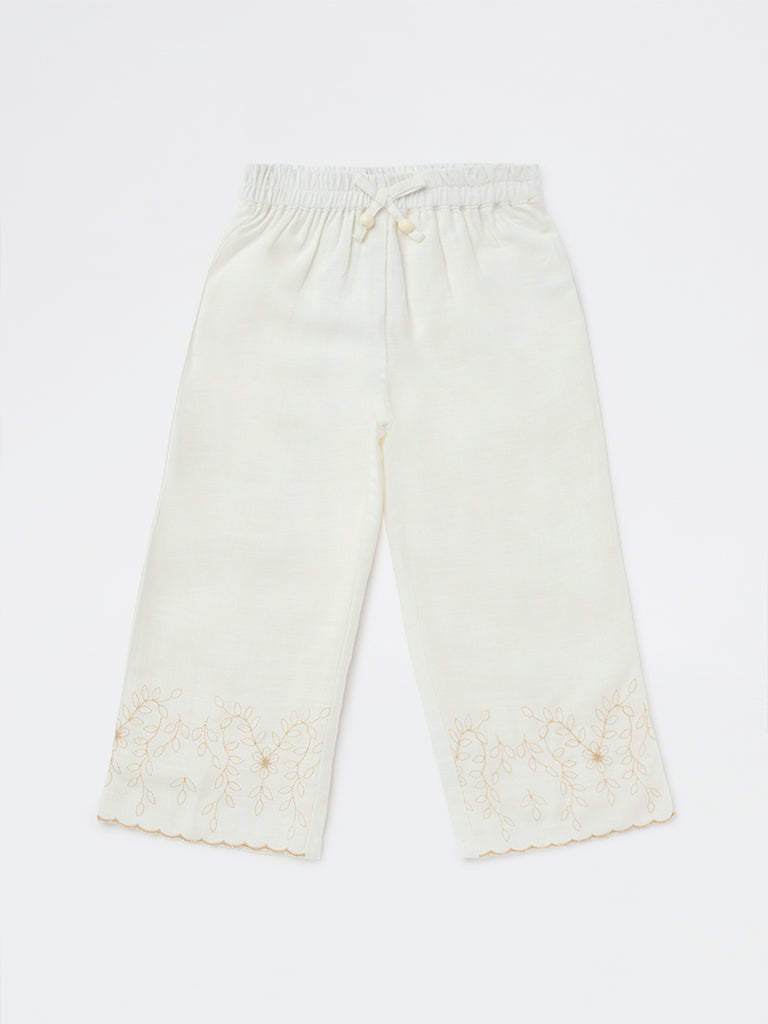 HOP Kids Girls Off-White Floral Embroidered High-Rise Pants