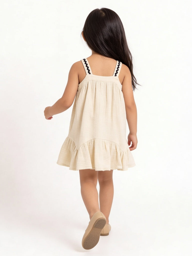 HOP Kids Girls Light Beige Embroidered A-Line Cotton Dress