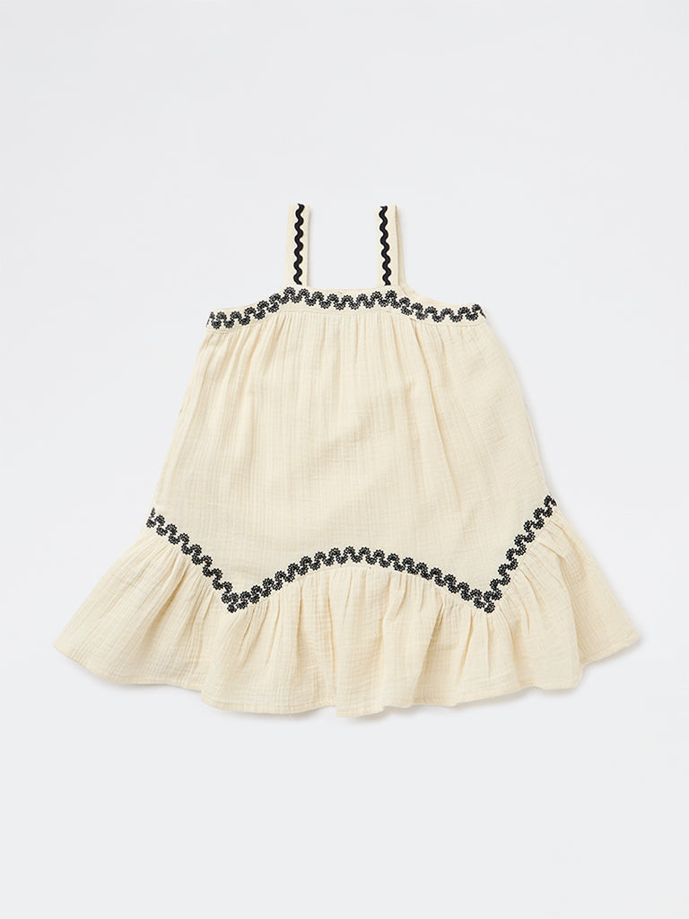 HOP Kids Girls Light Beige Embroidered A-Line Cotton Dress