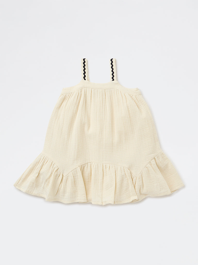 HOP Kids Girls Light Beige Embroidered A-Line Cotton Dress