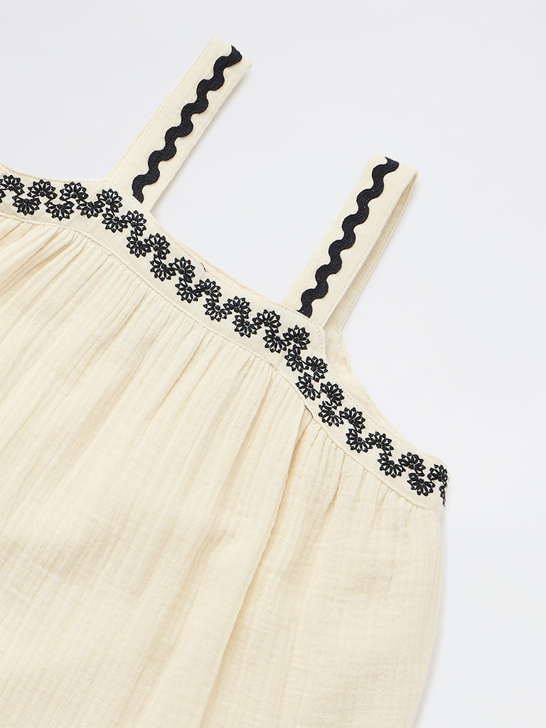 HOP Kids Girls Light Beige Embroidered A-Line Cotton Dress