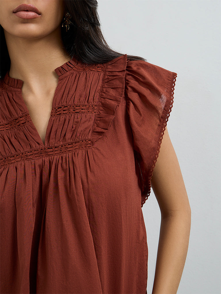 LOV Rust Ruffle-Detailed Cotton Top
