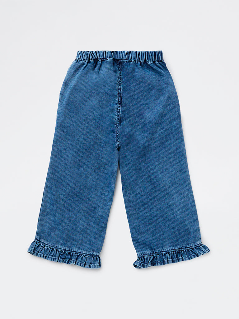 HOP Kids Girls Blue High-Rise Ruffled Hem Denim Trousers