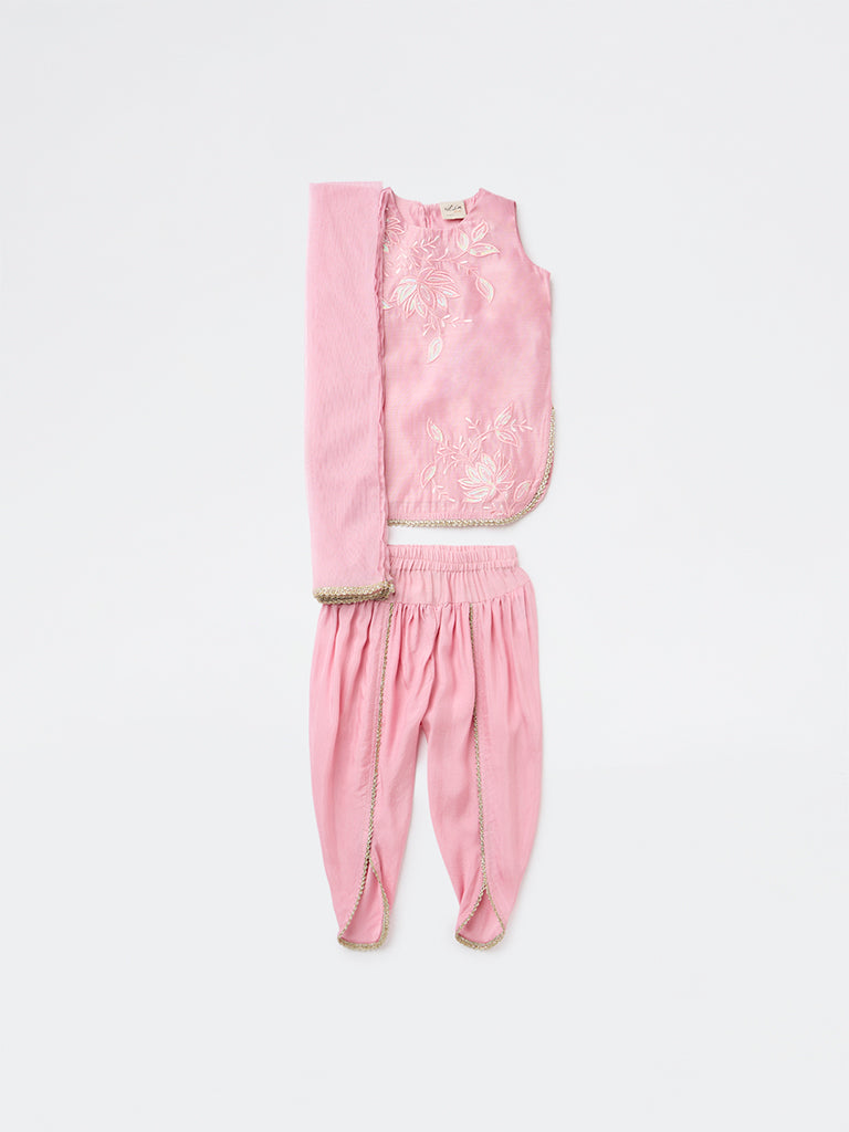 Utsa Kids Girls Pink Embroidered Top Dhoti Pants and Dupatta Set - (2-8 yrs)