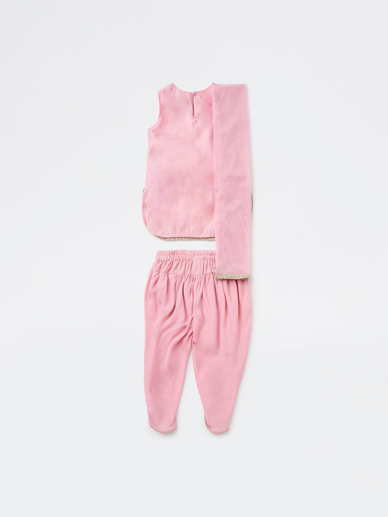 Utsa Kids Girls Pink Embroidered Top Dhoti Pants and Dupatta Set - (2-8 yrs)