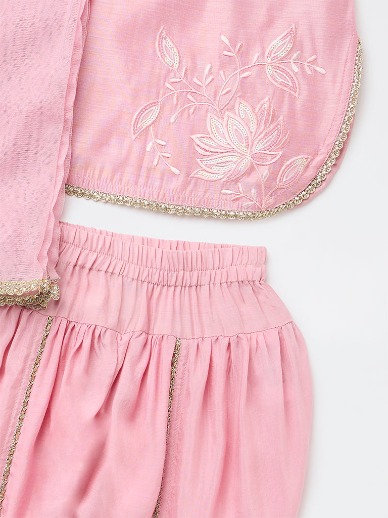 Utsa Kids Girls Pink Embroidered Top Dhoti Pants and Dupatta Set - (2-8 yrs)