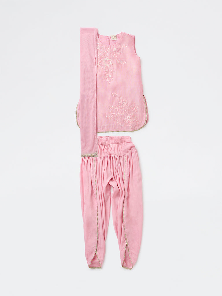 Utsa Kids Girls Pink Embroidered Top Dhoti Pants and Dupatta Set - (8-14 yrs)