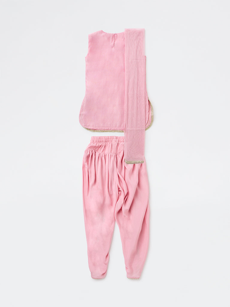 Utsa Kids Girls Pink Embroidered Top Dhoti Pants and Dupatta Set - (8-14 yrs)