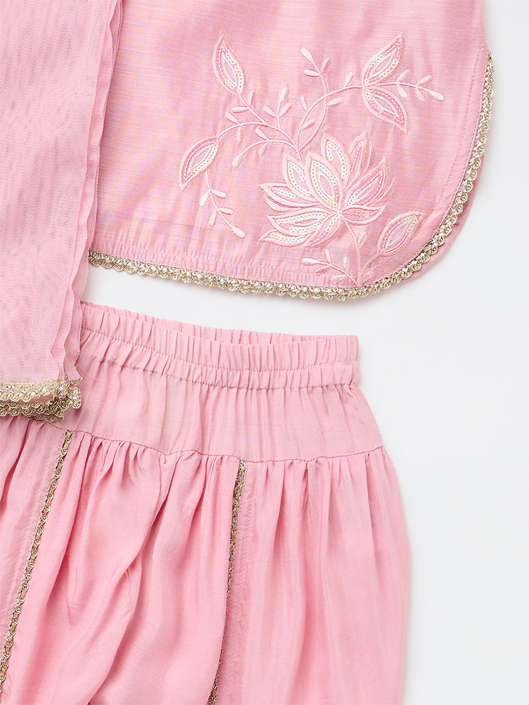 Utsa Kids Girls Pink Embroidered Top Dhoti Pants and Dupatta Set - (8-14 yrs)