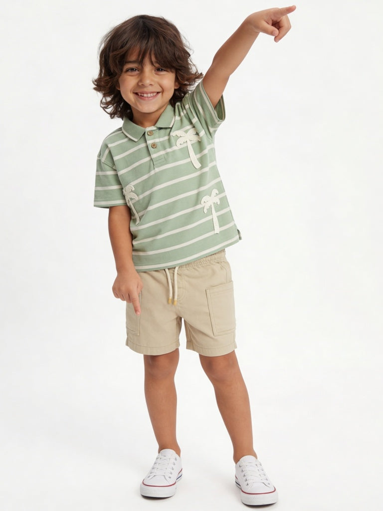 HOP Kids Boys Sage Stripe Printed Cotton Polo T-Shirt