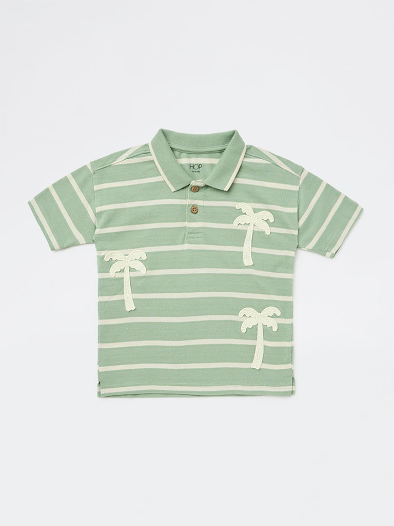 HOP Kids Boys Sage Stripe Printed Cotton Polo T-Shirt