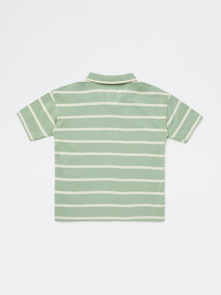 HOP Kids Boys Sage Stripe Printed Cotton Polo T-Shirt