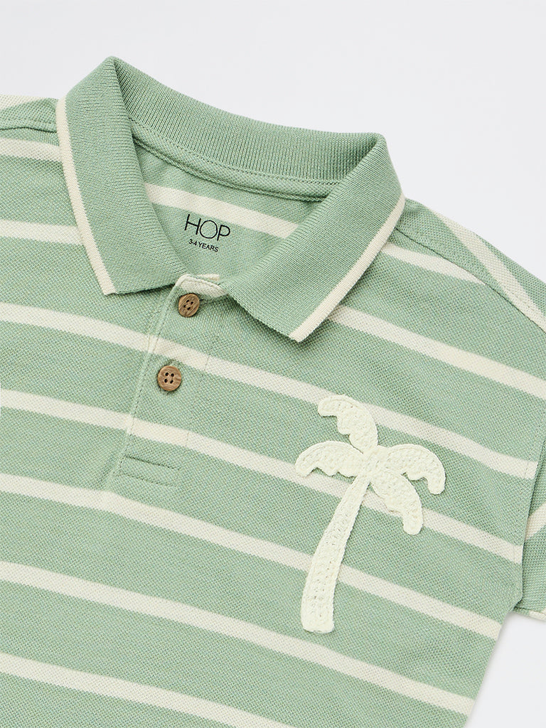 HOP Kids Boys Sage Stripe Printed Cotton Polo T-Shirt