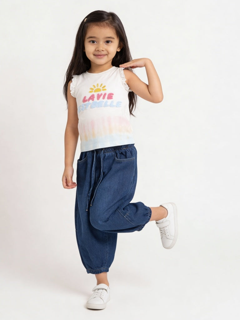 HOP Kids Girls Blue Washed Relaxed-Fit High-Rise Jeans