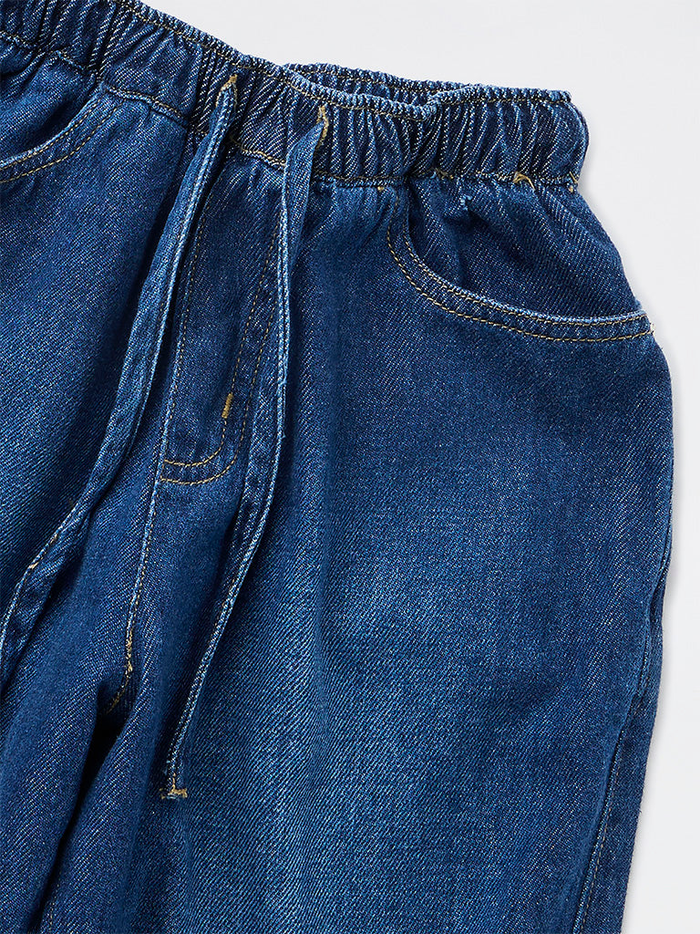 HOP Kids Girls Blue Washed Relaxed-Fit High-Rise Jeans