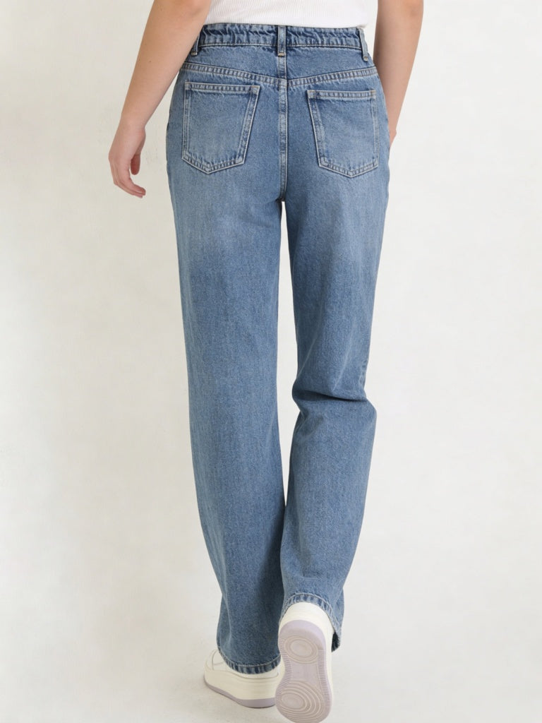 Girls Blue Lace-Detailed High-Rise Relaxed-Fit Jeans