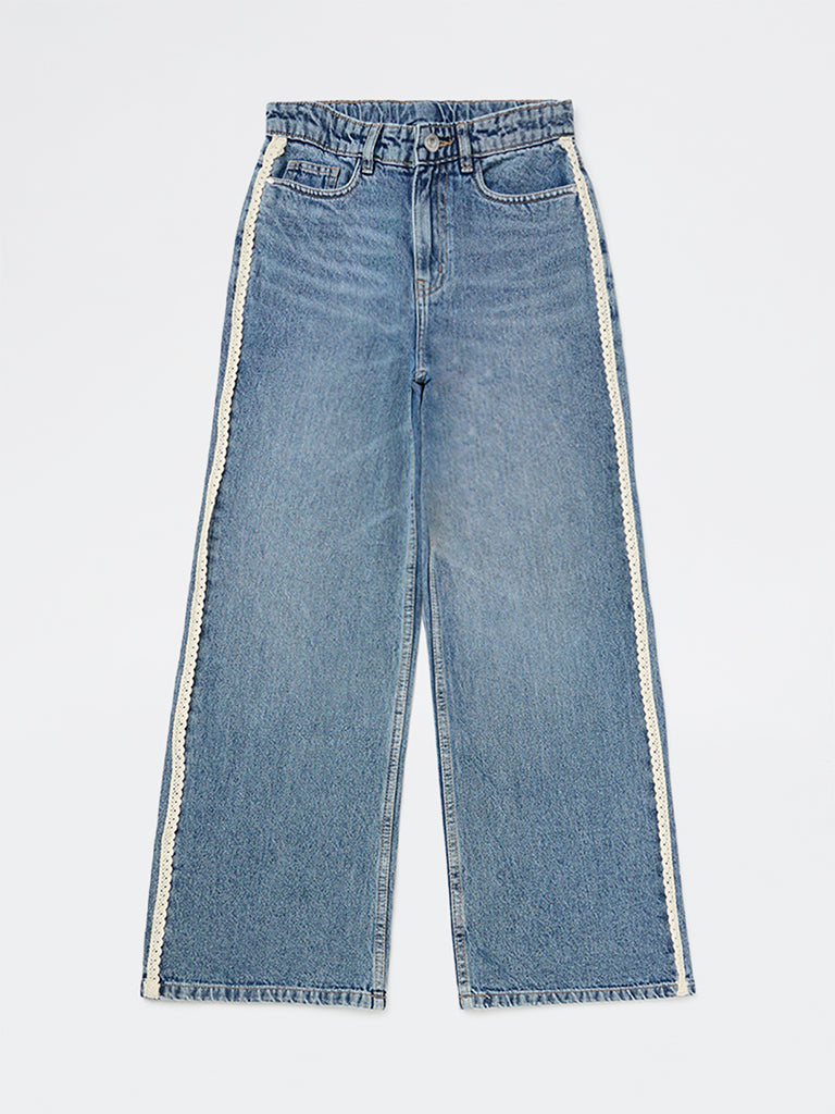 Girls Blue Lace-Detailed High-Rise Relaxed-Fit Jeans