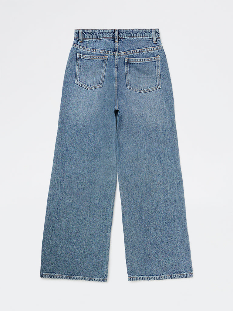 Girls Blue Lace-Detailed High-Rise Relaxed-Fit Jeans