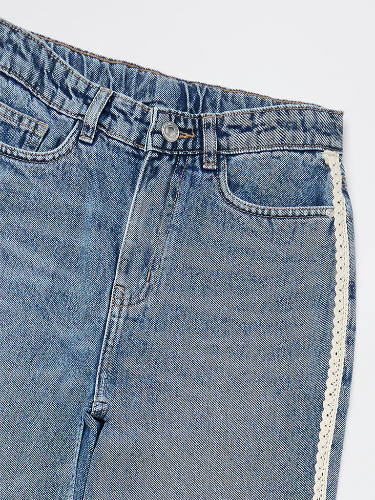 Girls Blue Lace-Detailed High-Rise Relaxed-Fit Jeans