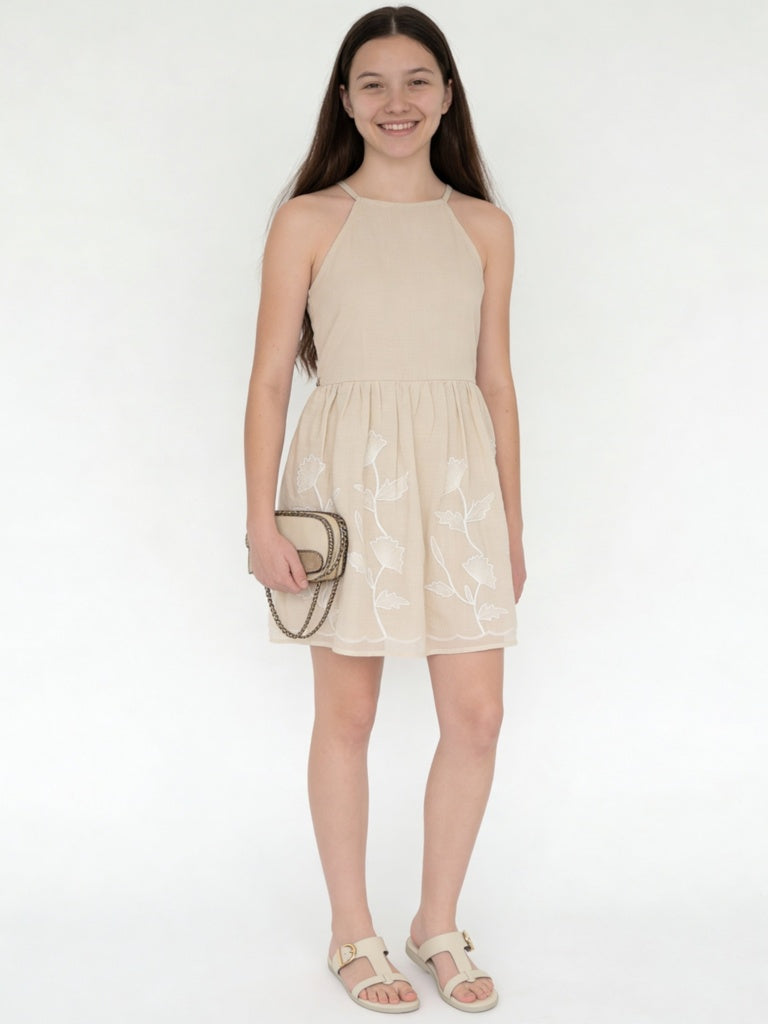 Girls Beige Floral Cotton Fit-and-Flare Dress