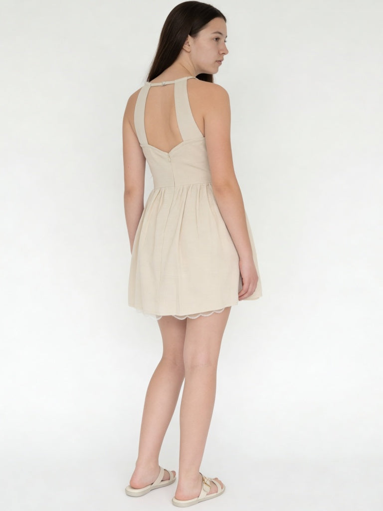 Girls Beige Floral Cotton Fit-and-Flare Dress