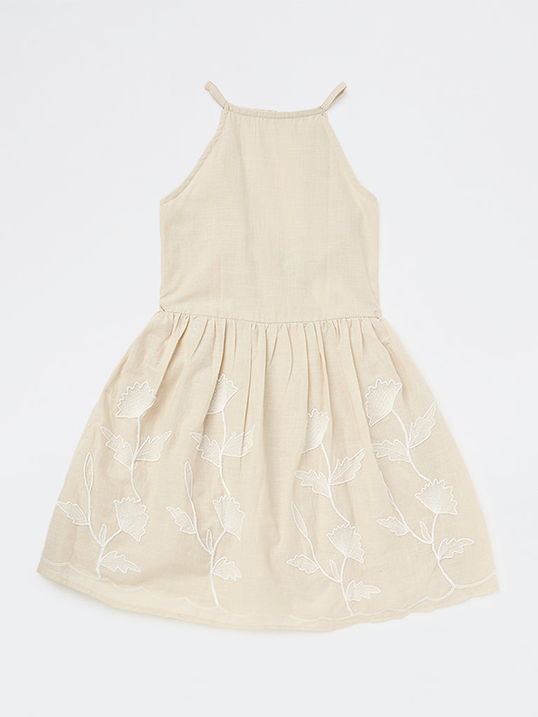 Girls Beige Floral Cotton Fit-and-Flare Dress