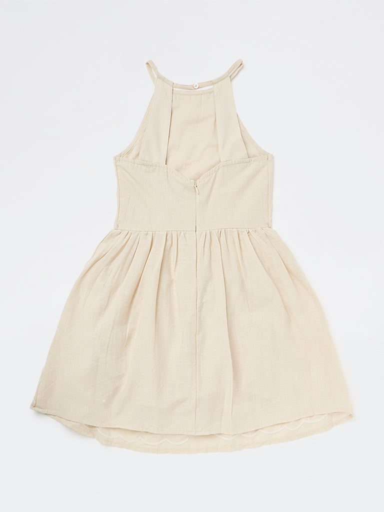 Girls Beige Floral Cotton Fit-and-Flare Dress