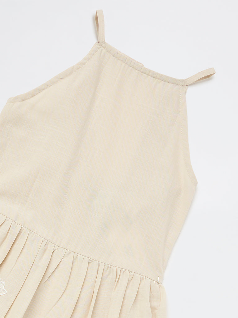 Girls Beige Floral Cotton Fit-and-Flare Dress