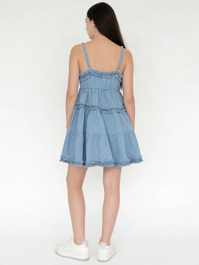 Girls Blue Tiered Denim Dress