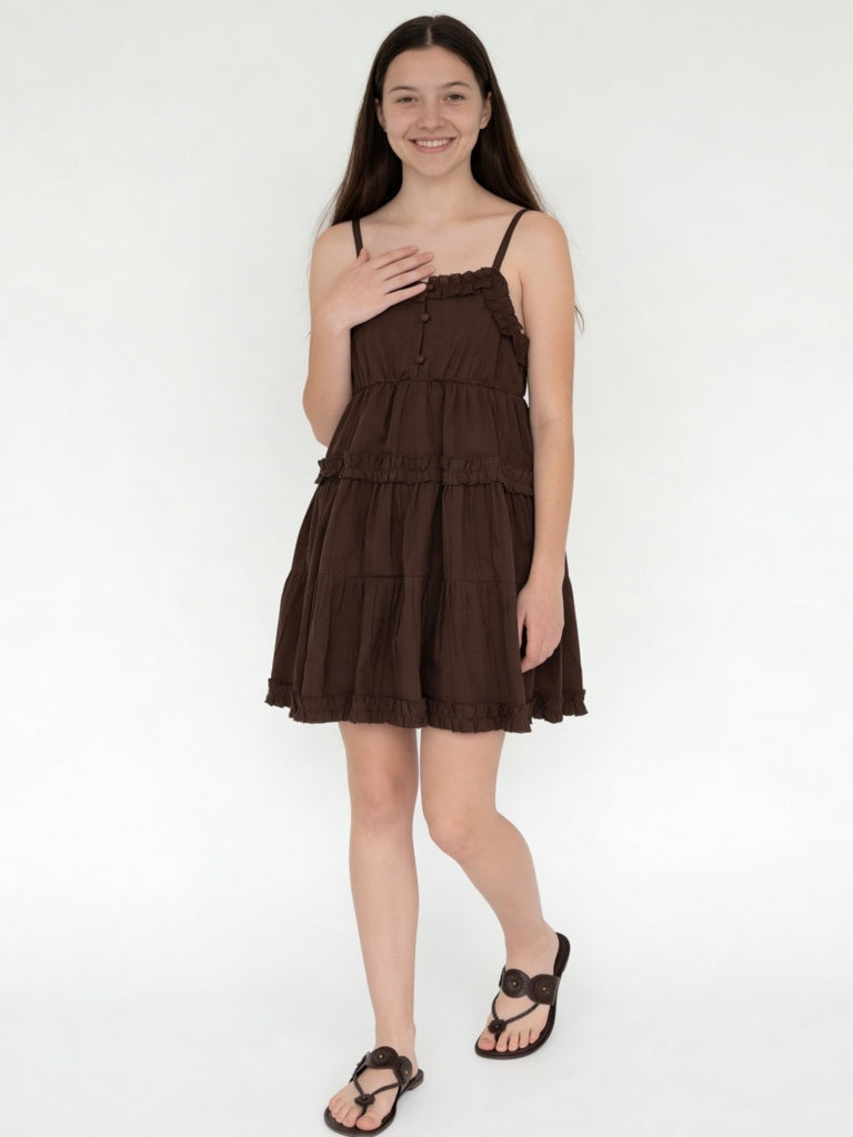 Girls Dark Brown Tiered Cotton Dress