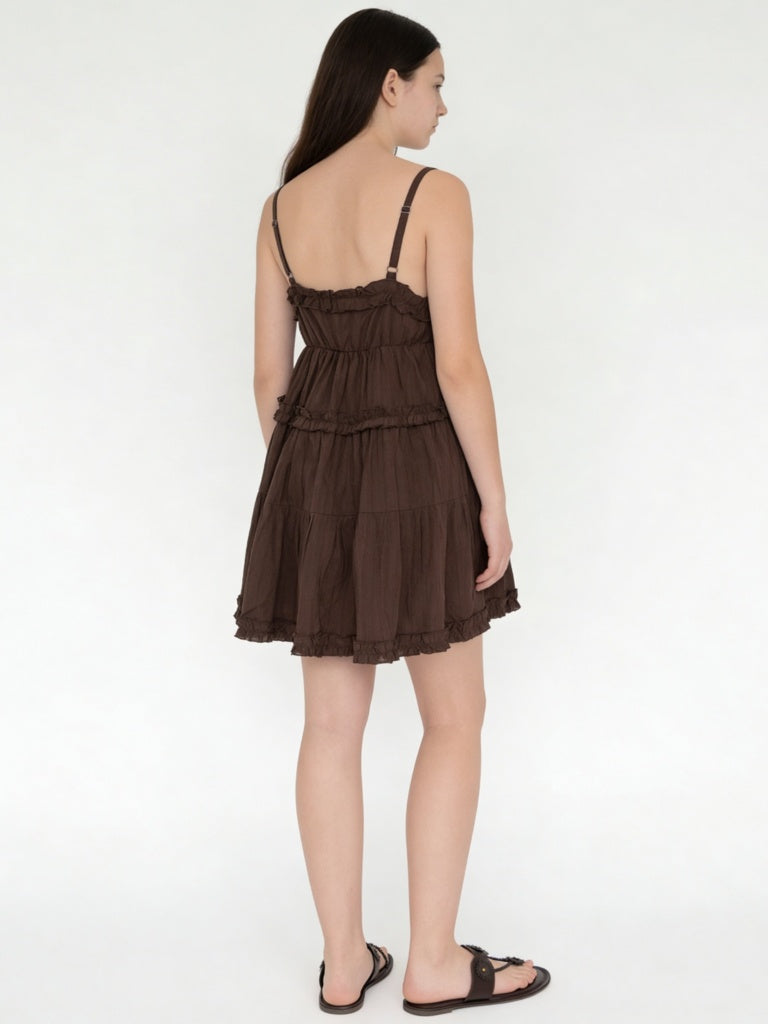 Girls Dark Brown Tiered Cotton Dress