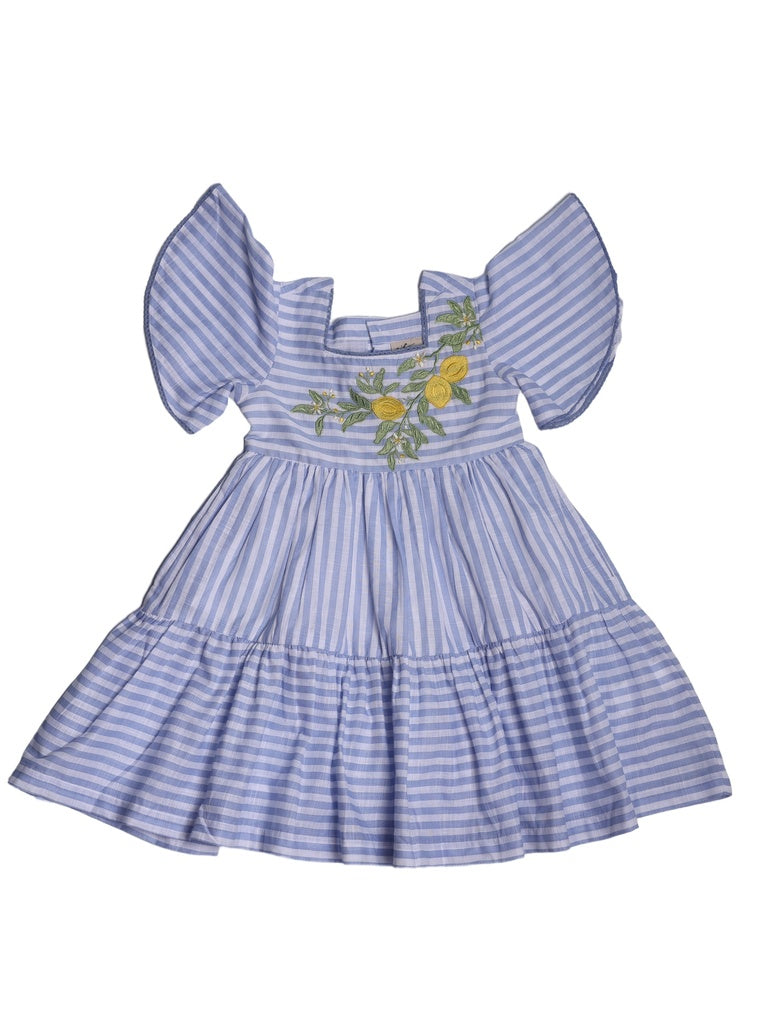 Utsa Kids Girls Blue Embroidered Tiered Cotton Dress - (2-8 yrs)
