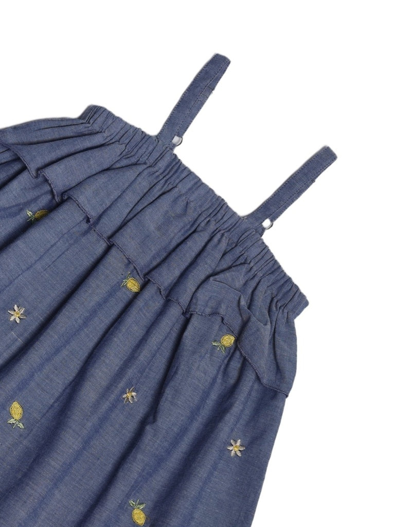 Utsa Kids Girls Blue Embroidered Cotton Dress - (2-8 yrs)