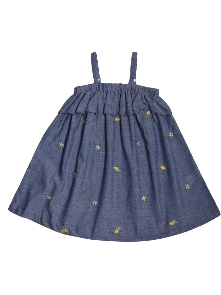 Utsa Kids Girls Blue Embroidered Cotton Dress - (2-8 yrs)
